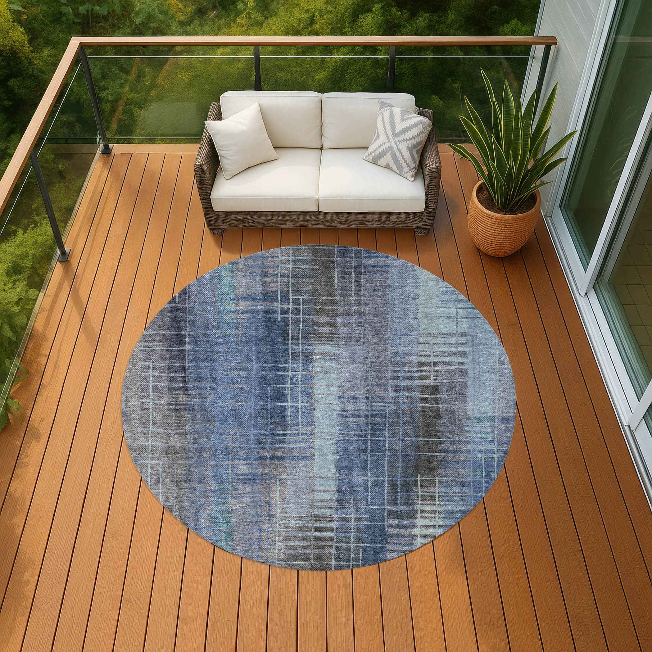 8' Denim Blue And Sky Blue Round Striped Washable Indoor Outdoor Area Rug