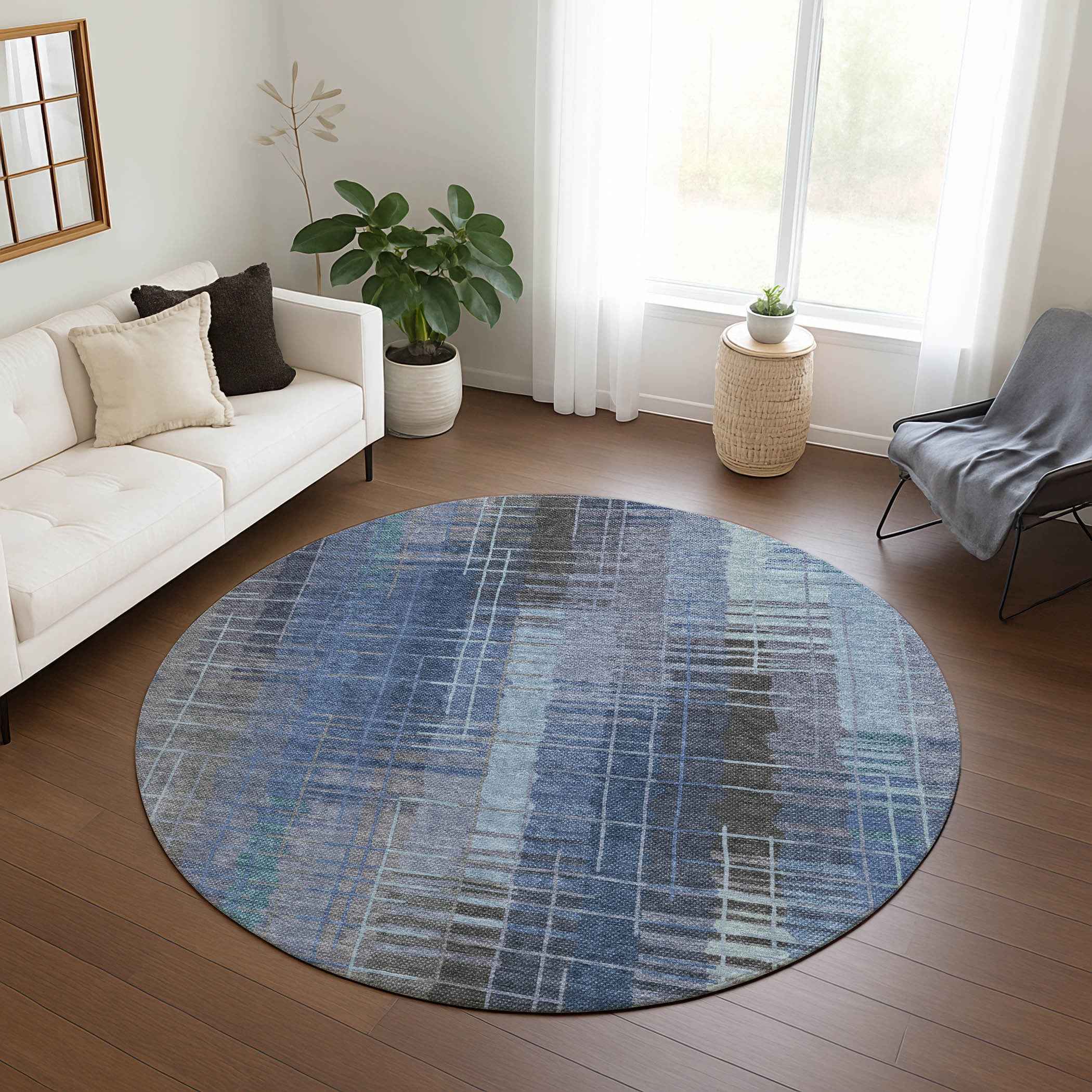 8' Denim Blue And Sky Blue Round Striped Washable Indoor Outdoor Area Rug
