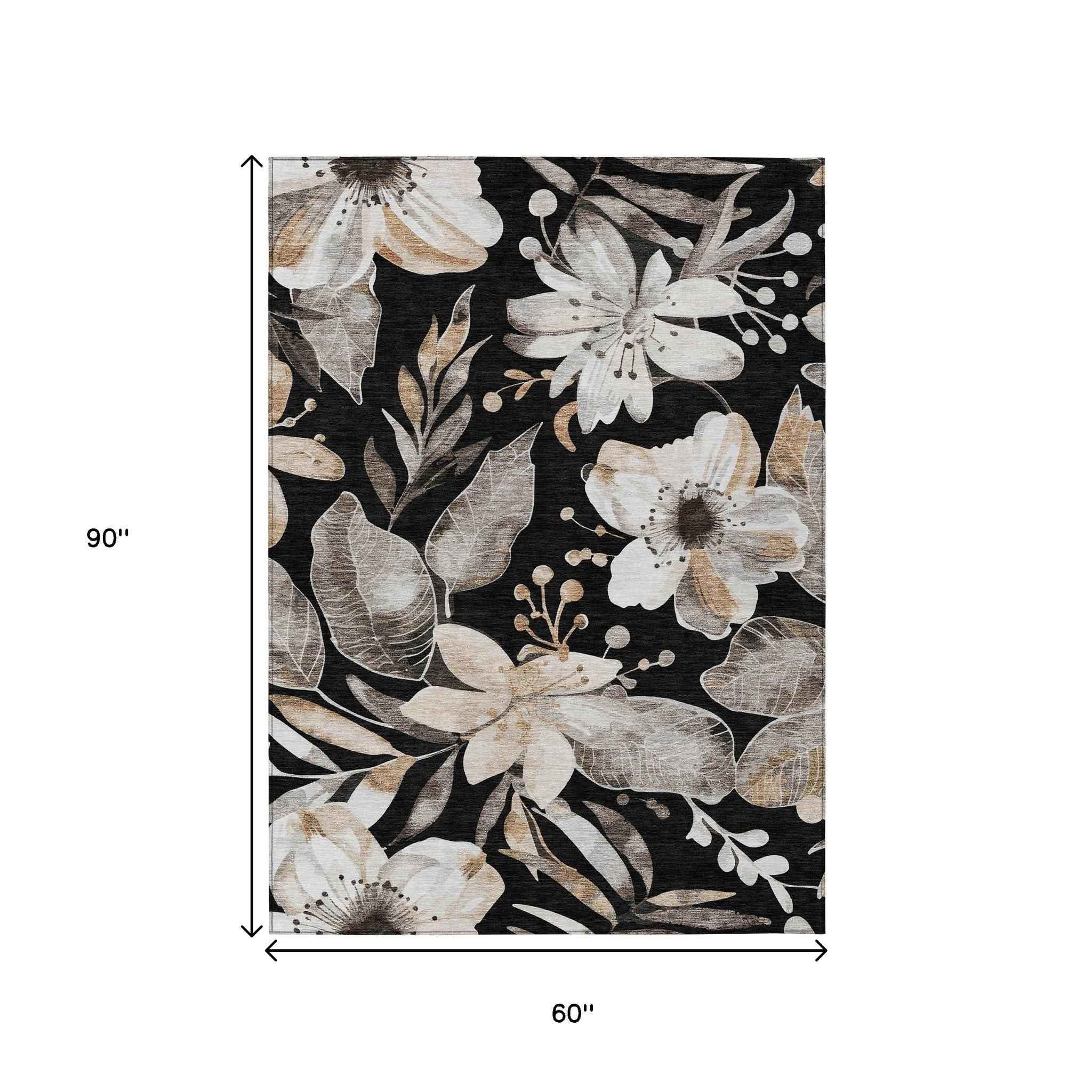 5' X 8' Black Ivory And Gold Floral Washable Indoor Outdoor Area Rug