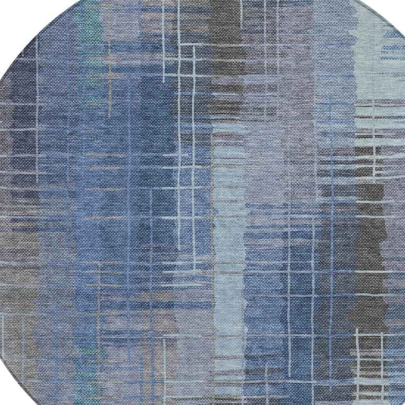 8' Denim Blue And Sky Blue Round Striped Washable Indoor Outdoor Area Rug
