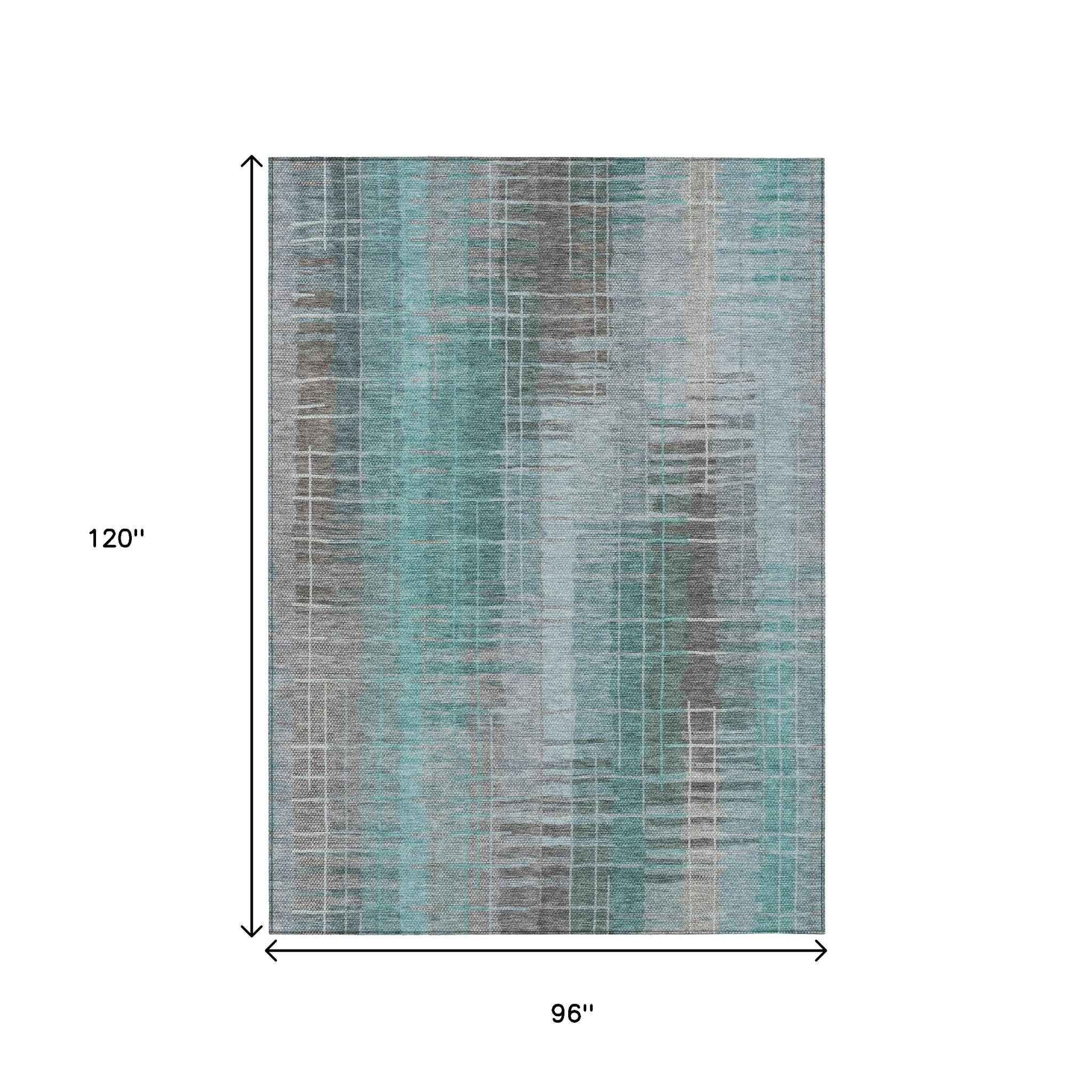 8' X 10' Pale Aqua And Gray Striped Washable Indoor Outdoor Area Rug