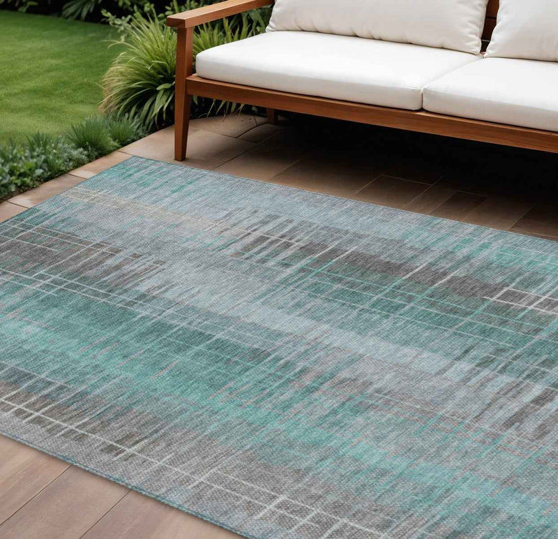 8' X 10' Pale Aqua And Gray Striped Washable Indoor Outdoor Area Rug