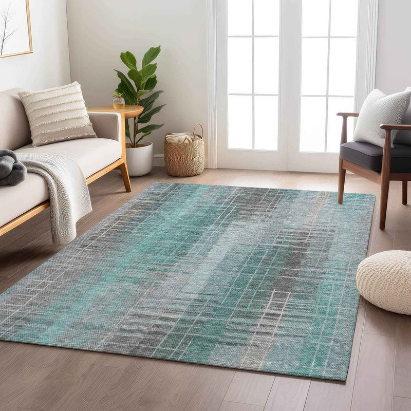 8' X 10' Pale Aqua And Gray Striped Washable Indoor Outdoor Area Rug