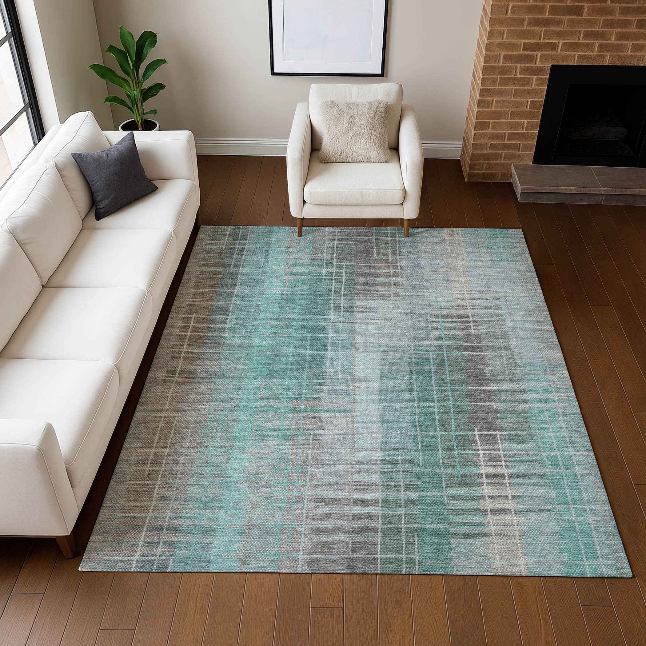 8' X 10' Pale Aqua And Gray Striped Washable Indoor Outdoor Area Rug