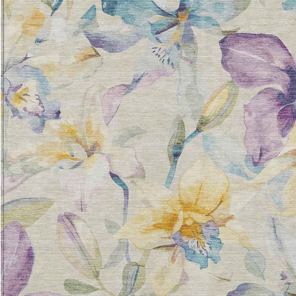 10' X 14' Beige Gold And Lavender Floral Washable Indoor Outdoor Area Rug