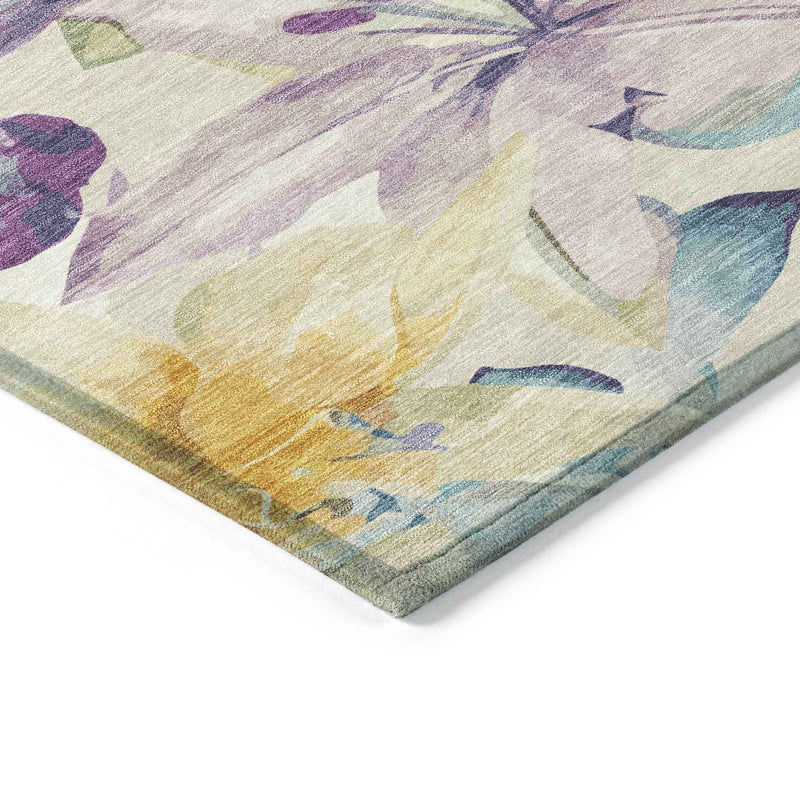 10' X 14' Beige Gold And Lavender Floral Washable Indoor Outdoor Area Rug