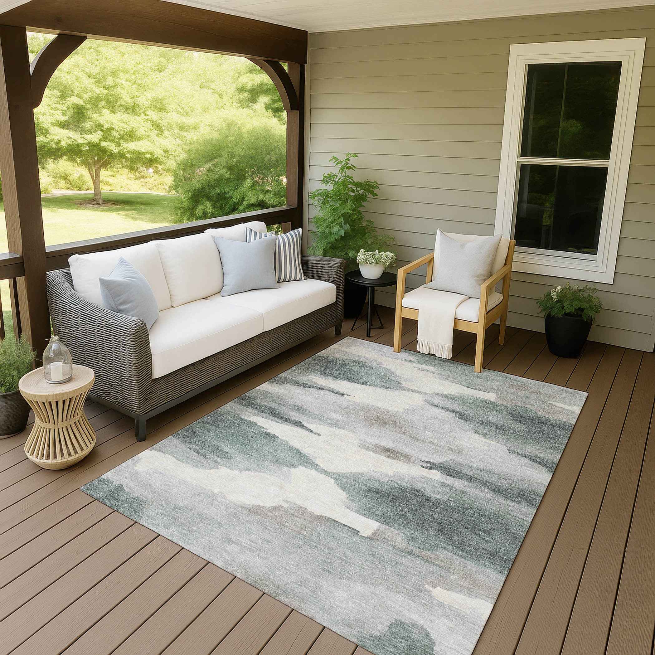 8' X 10' Sage And Ivory Abstract Washable Indoor Outdoor Area Rug