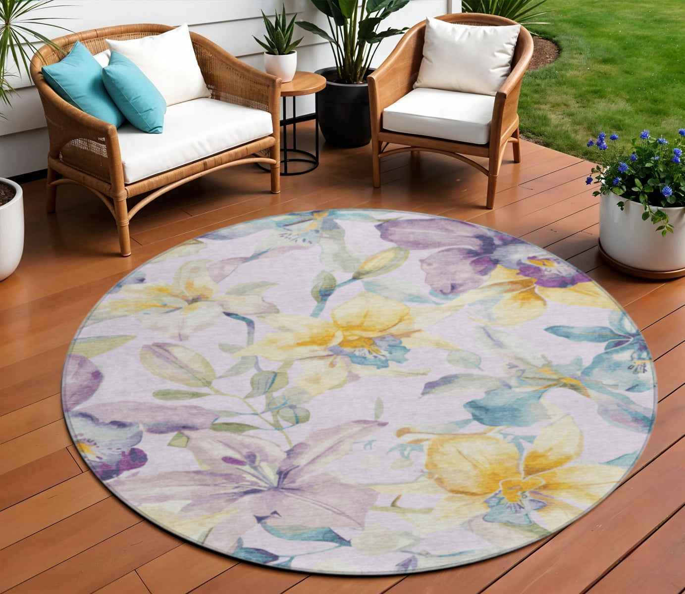 8' Lavender Gold And Ivory Round Floral Washable Indoor Outdoor Area Rug