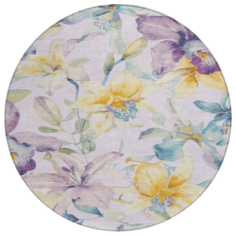 8' Lavender Gold And Ivory Round Floral Washable Indoor Outdoor Area Rug