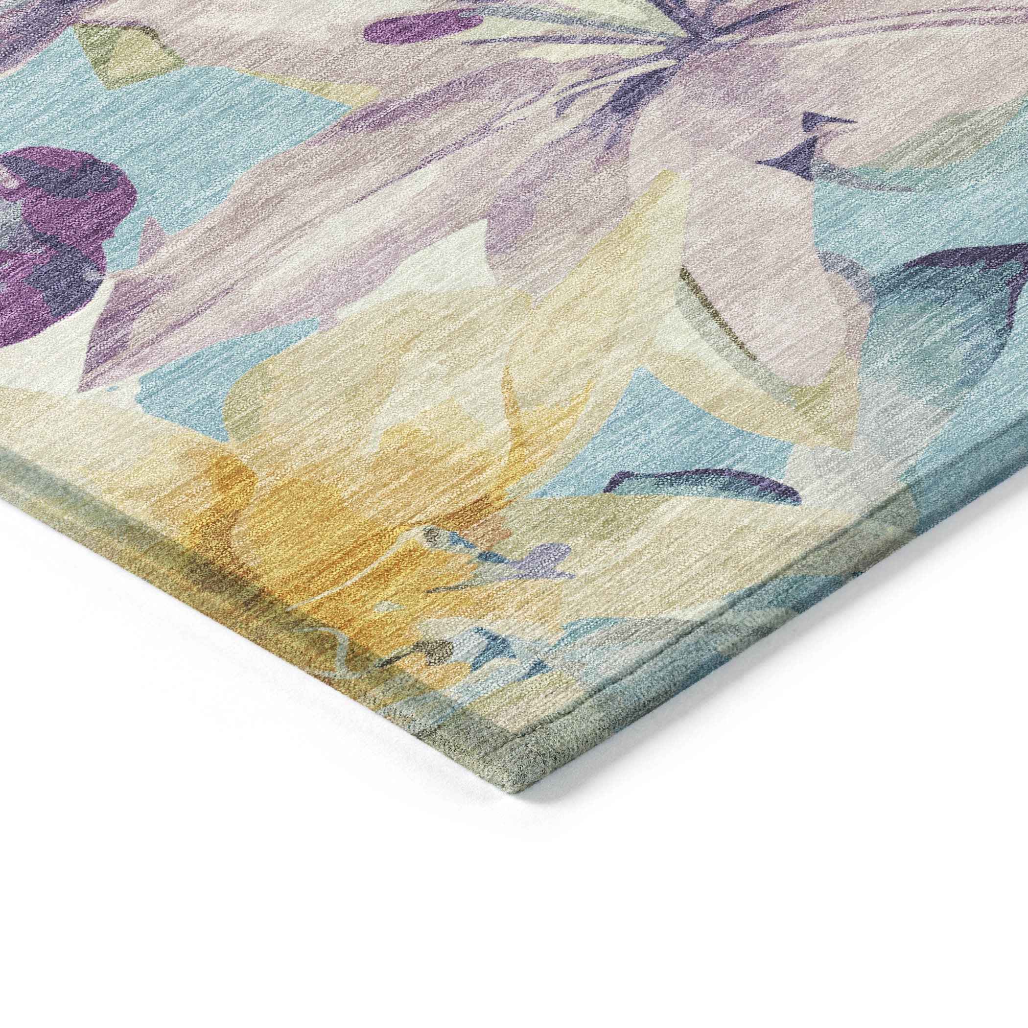 3' X 5' Aqua Gold And Lavender Floral Washable Indoor Outdoor Area Rug