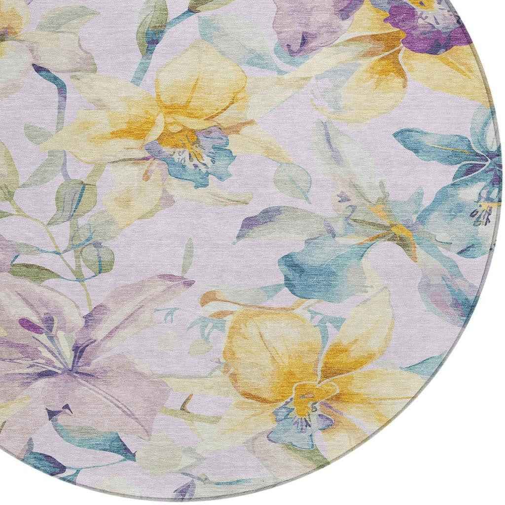 8' Lavender Gold And Ivory Round Floral Washable Indoor Outdoor Area Rug