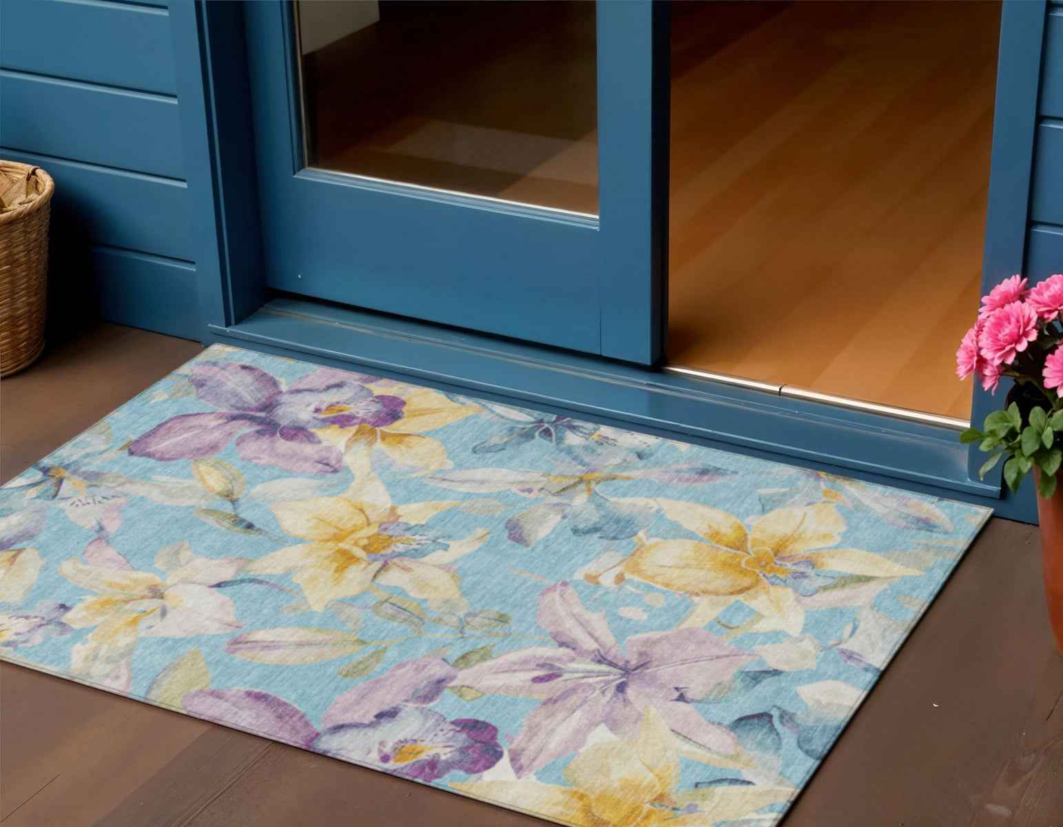 3' X 5' Aqua Gold And Lavender Floral Washable Indoor Outdoor Area Rug