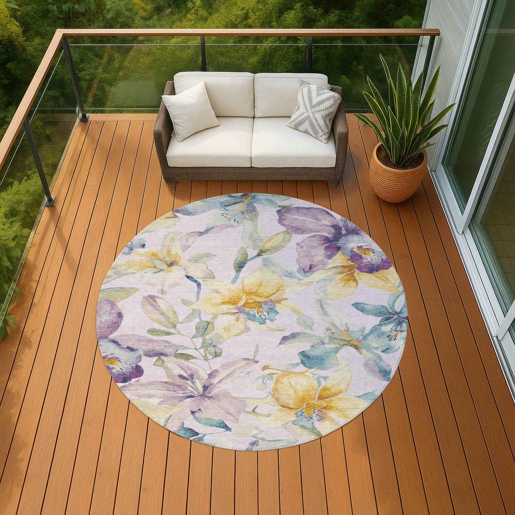 8' Lavender Gold And Ivory Round Floral Washable Indoor Outdoor Area Rug