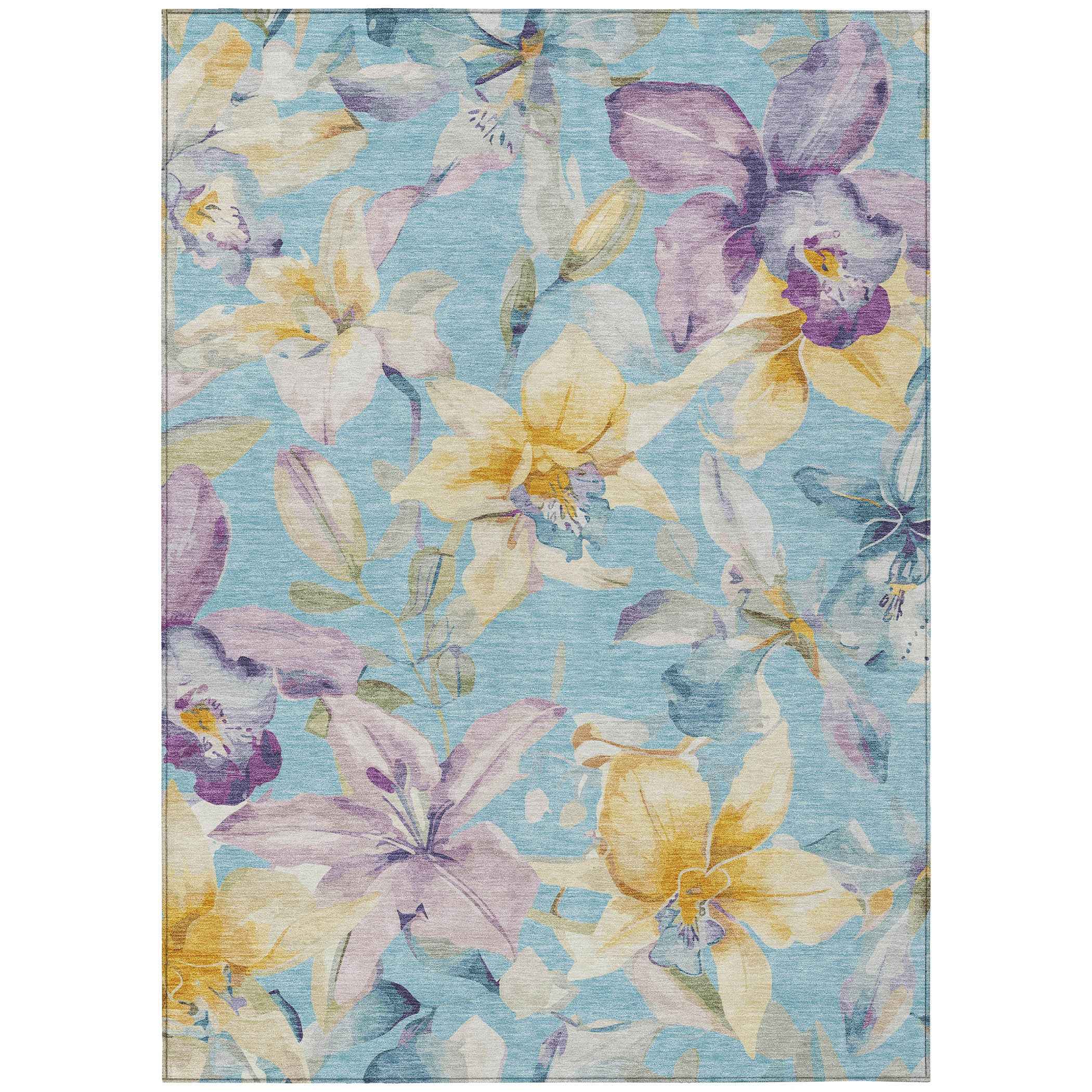 3' X 5' Aqua Gold And Lavender Floral Washable Indoor Outdoor Area Rug