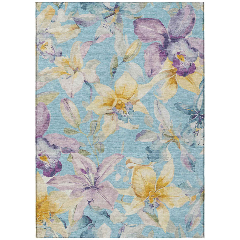 3' X 5' Aqua Gold And Lavender Floral Washable Indoor Outdoor Area Rug