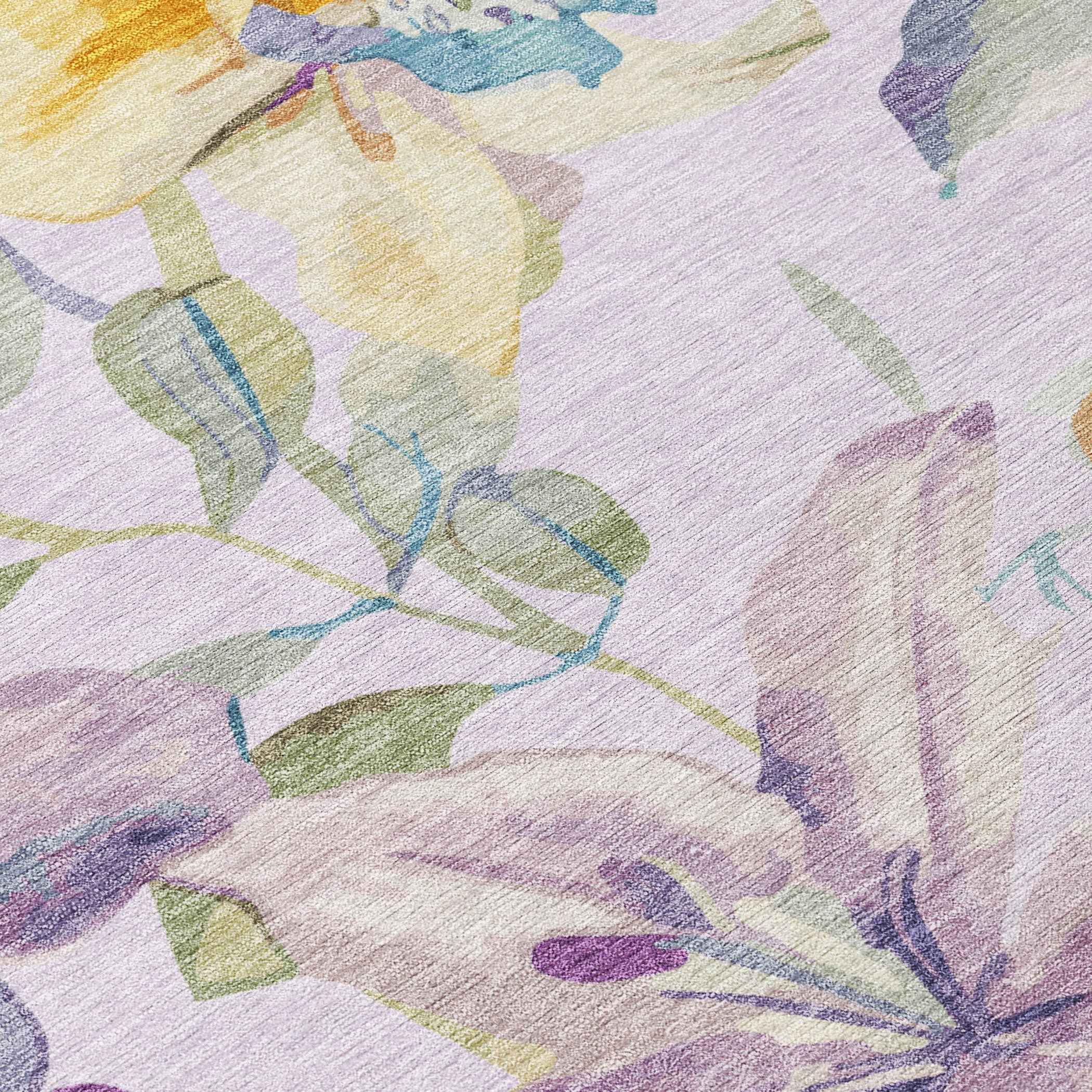 8' Lavender Gold And Ivory Round Floral Washable Indoor Outdoor Area Rug