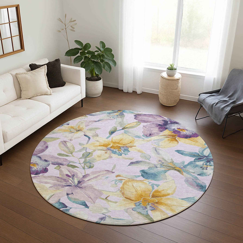 8' Lavender Gold And Ivory Round Floral Washable Indoor Outdoor Area Rug