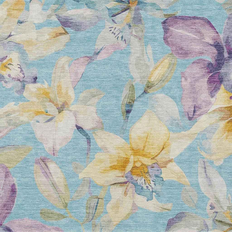 3' X 5' Aqua Gold And Lavender Floral Washable Indoor Outdoor Area Rug
