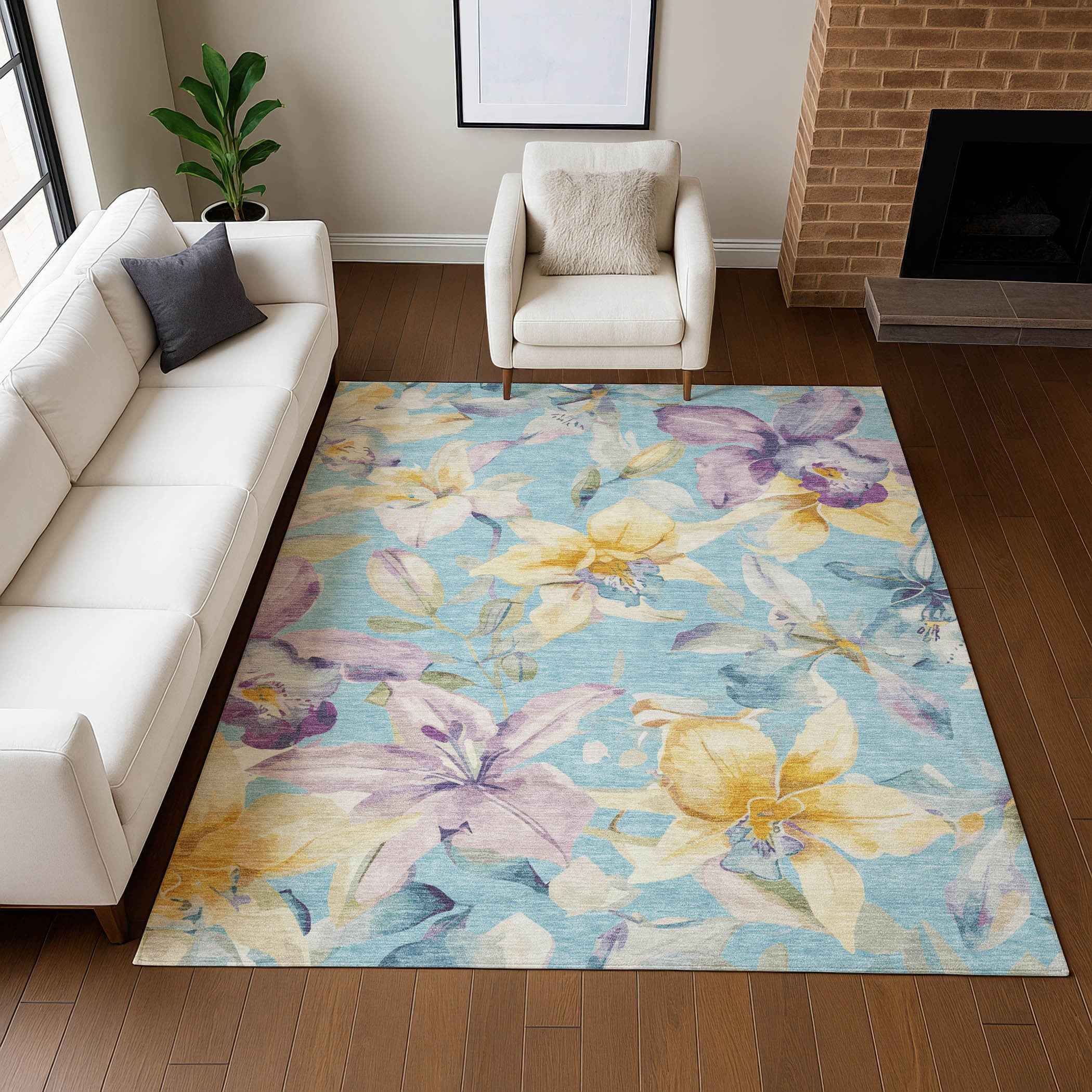 3' X 5' Aqua Gold And Lavender Floral Washable Indoor Outdoor Area Rug