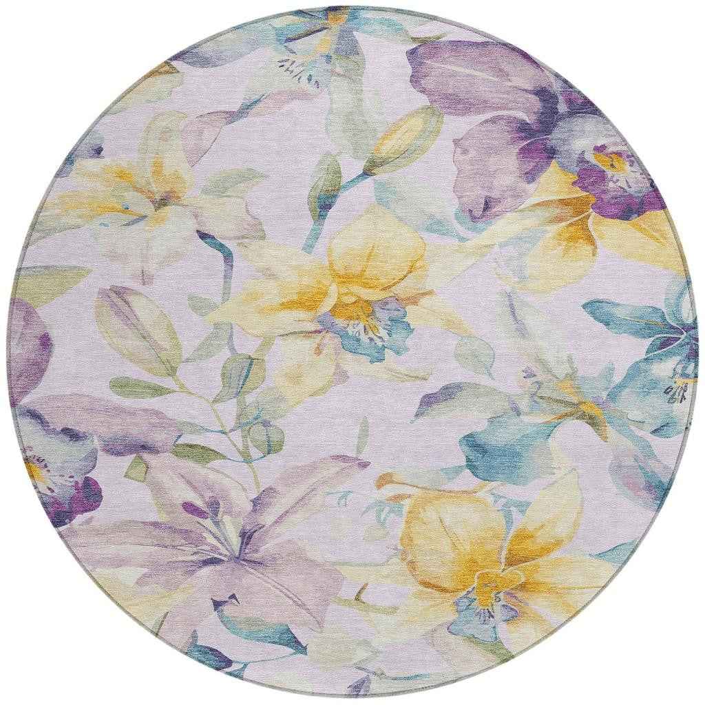 8' Lavender Gold And Ivory Round Floral Washable Indoor Outdoor Area Rug