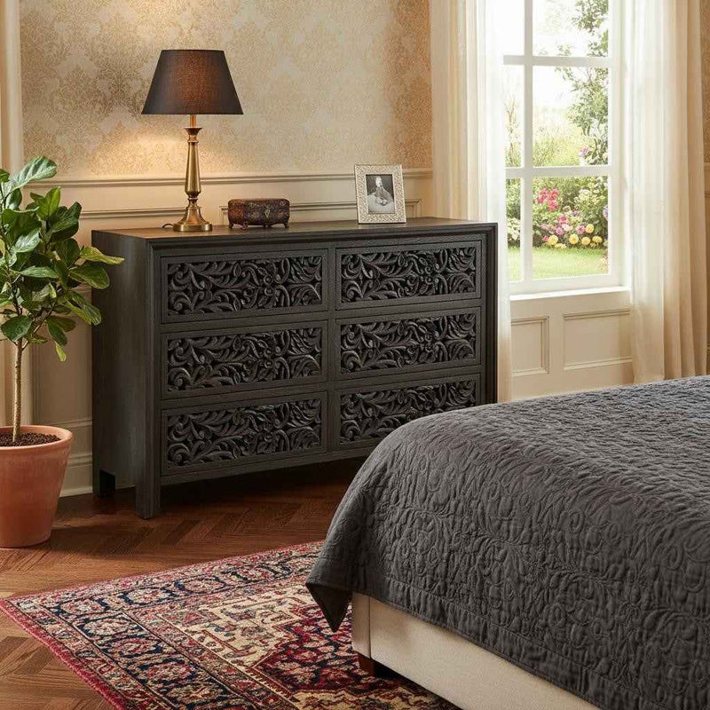 57" Black Solid Wood Six Drawer Dresser