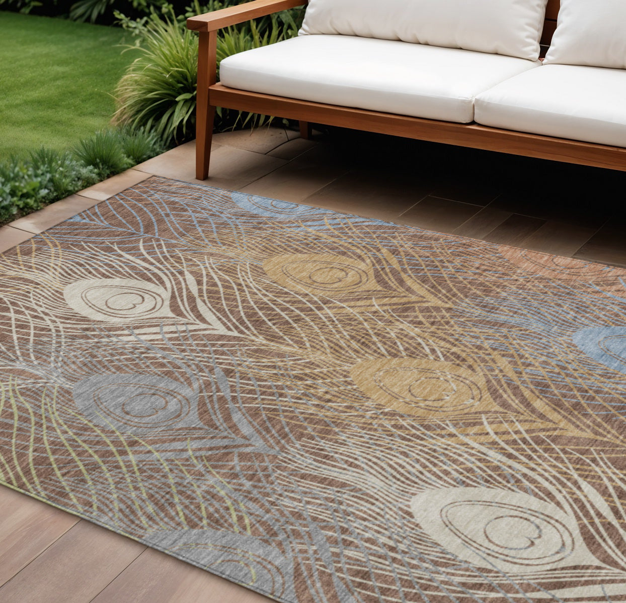 10' X 14' Brown Blue And Gold Floral Washable Indoor Outdoor Area Rug - Sports & Outdoor