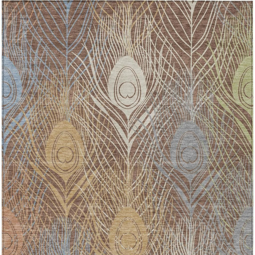 10' X 14' Brown Blue And Gold Floral Washable Indoor Outdoor Area Rug - Sports & Outdoor