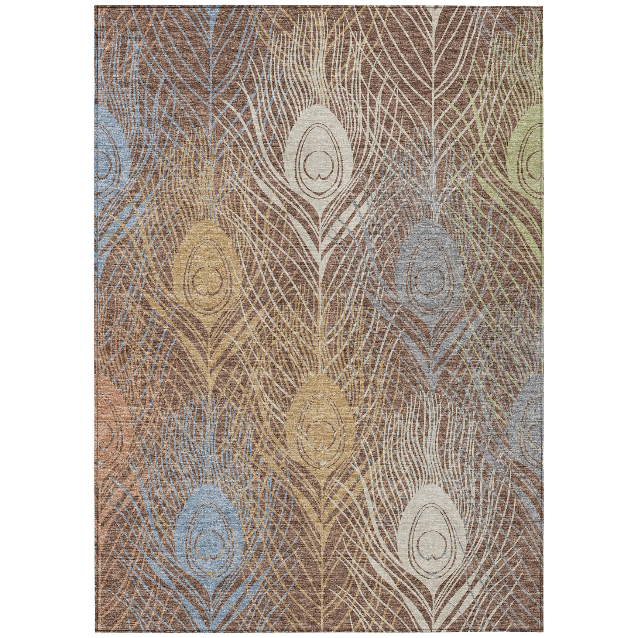 10' X 14' Brown Blue And Gold Floral Washable Indoor Outdoor Area Rug - Sports & Outdoor