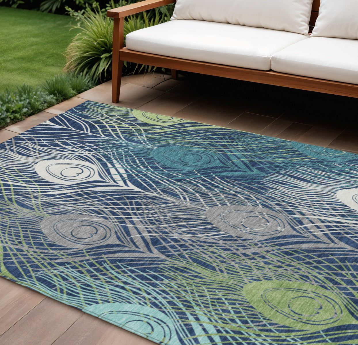 10' X 14' Navy Blue Ivory And Green Floral Washable Indoor Outdoor Area Rug - Sports & Outdoor