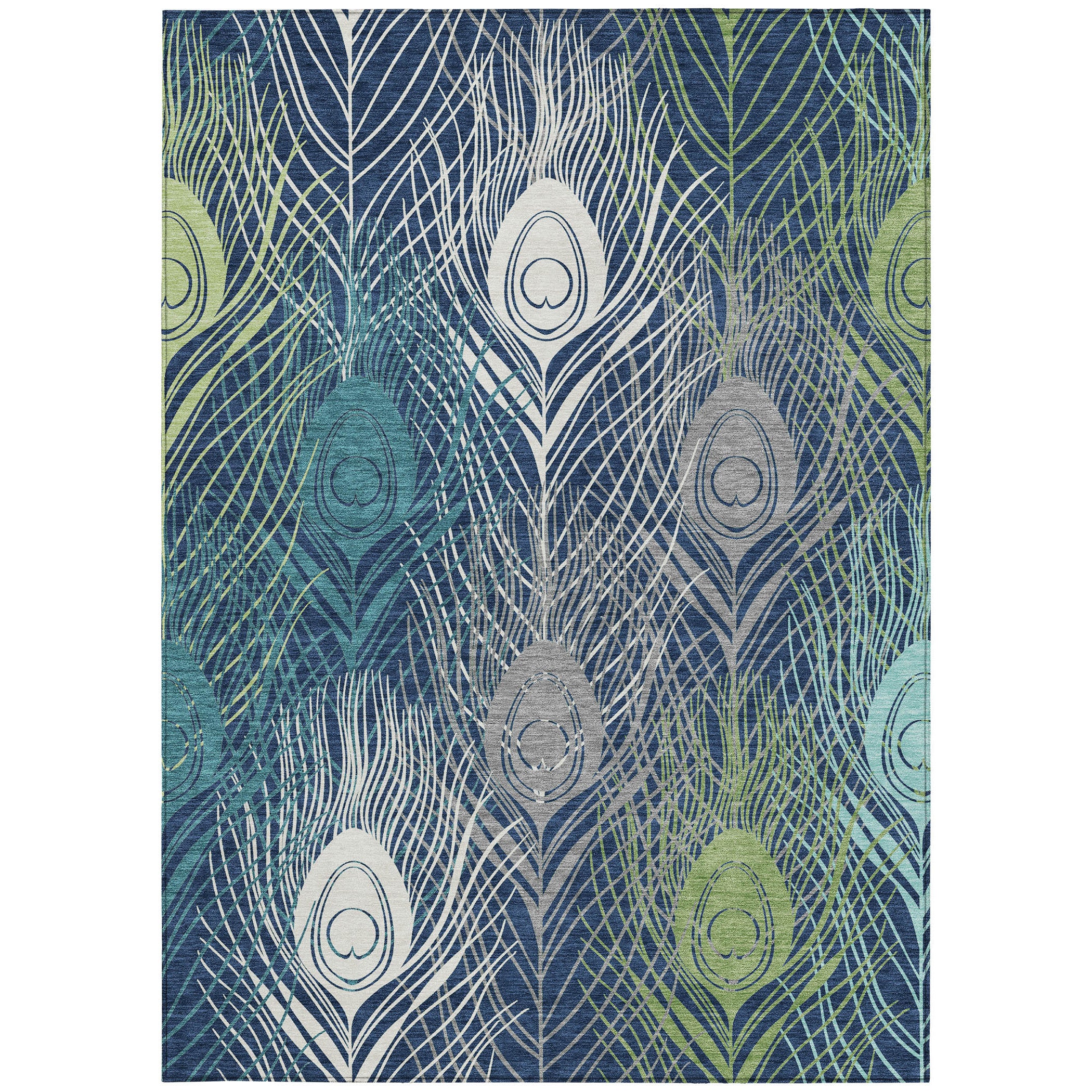 10' X 14' Navy Blue Ivory And Green Floral Washable Indoor Outdoor Area Rug - Sports & Outdoor