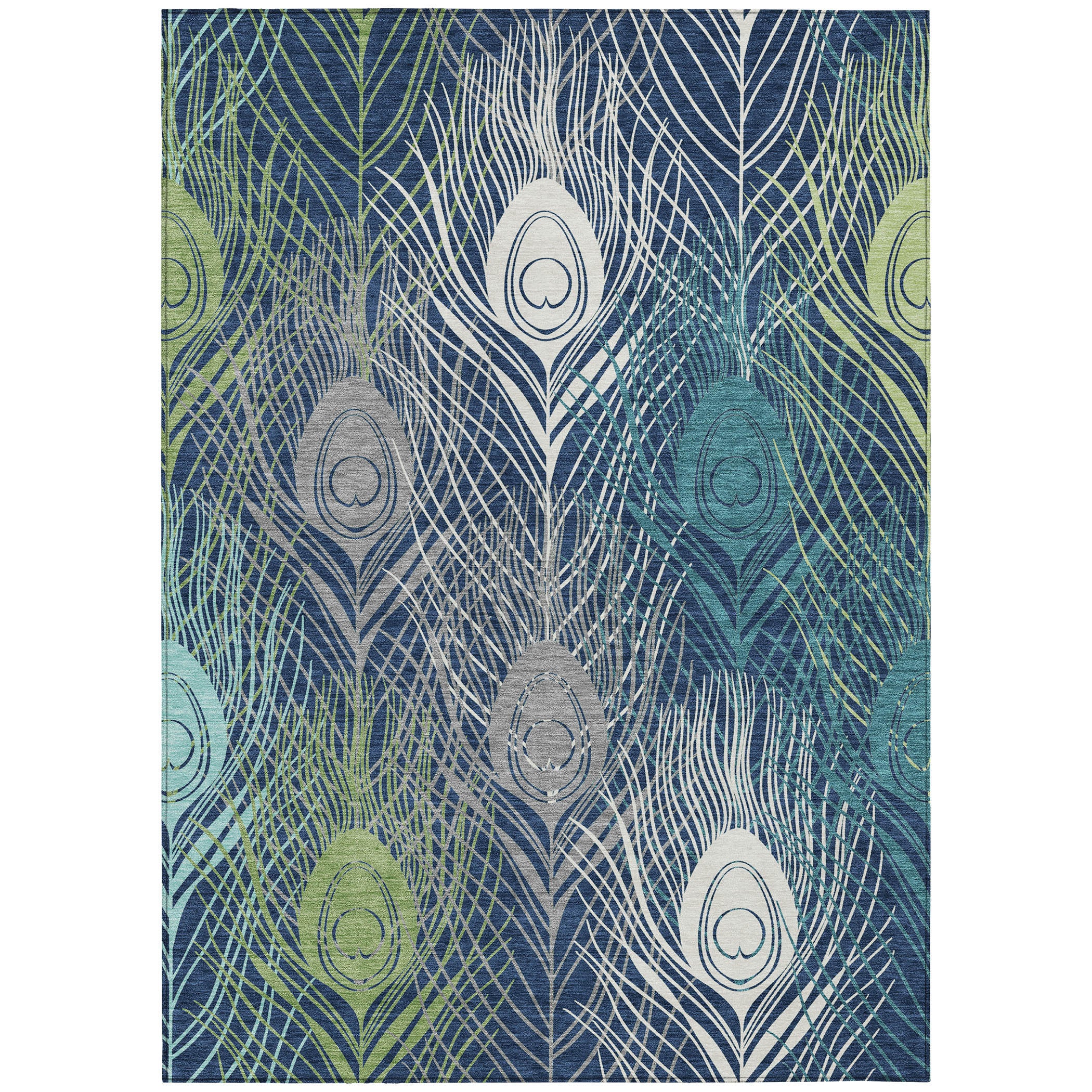 10' X 14' Navy Blue Ivory And Green Floral Washable Indoor Outdoor Area Rug - Sports & Outdoor