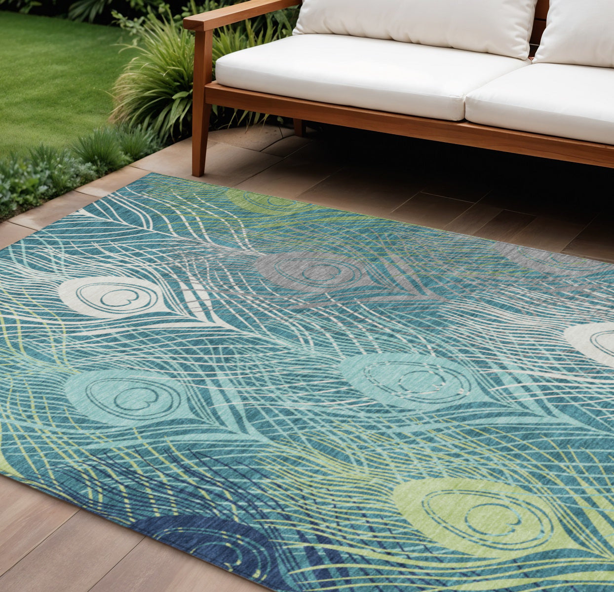 10' X 14' Teal Blue Green And Ivory Floral Washable Indoor Outdoor Area Rug - Sports & Outdoor