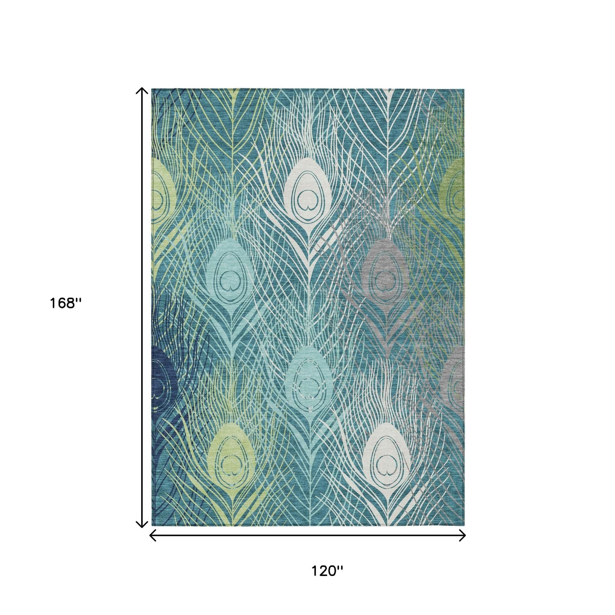 10' X 14' Teal Blue Green And Ivory Floral Washable Indoor Outdoor Area Rug - Sports & Outdoor