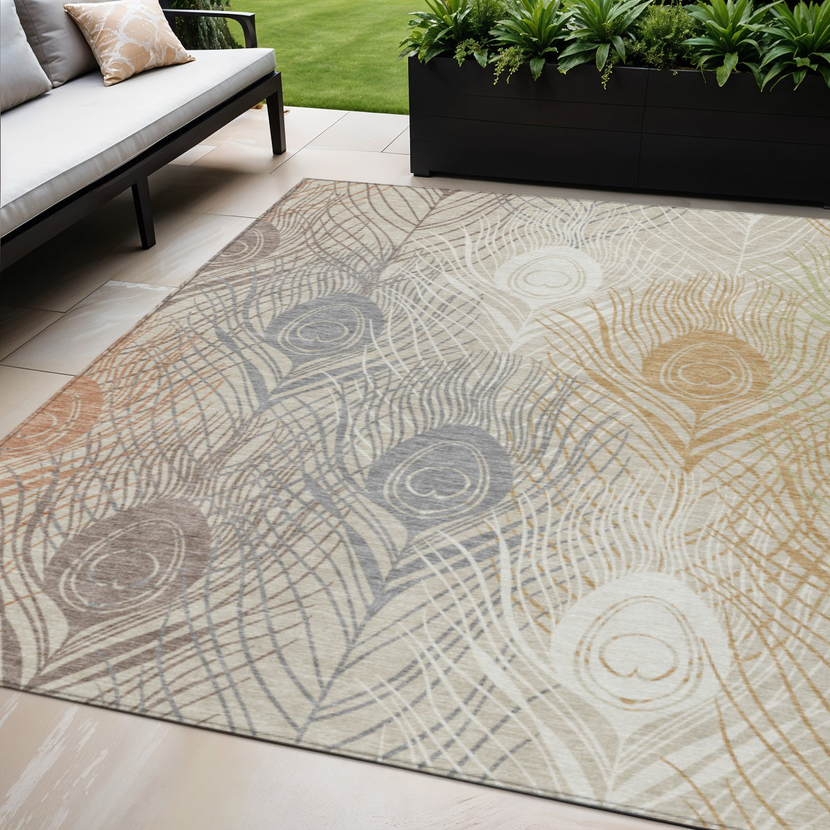 5' X 8' Beige Copper And Gray Floral Washable Indoor Outdoor Area Rug - Sports & Outdoor
