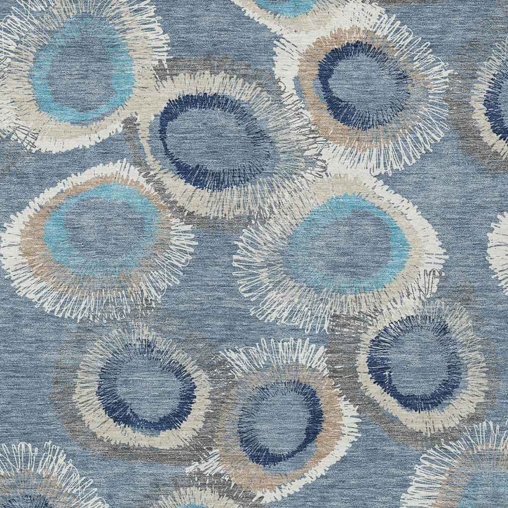 3' X 5' Denim Blue Ivory And Taupe Geometric Washable Indoor Outdoor Area Rug