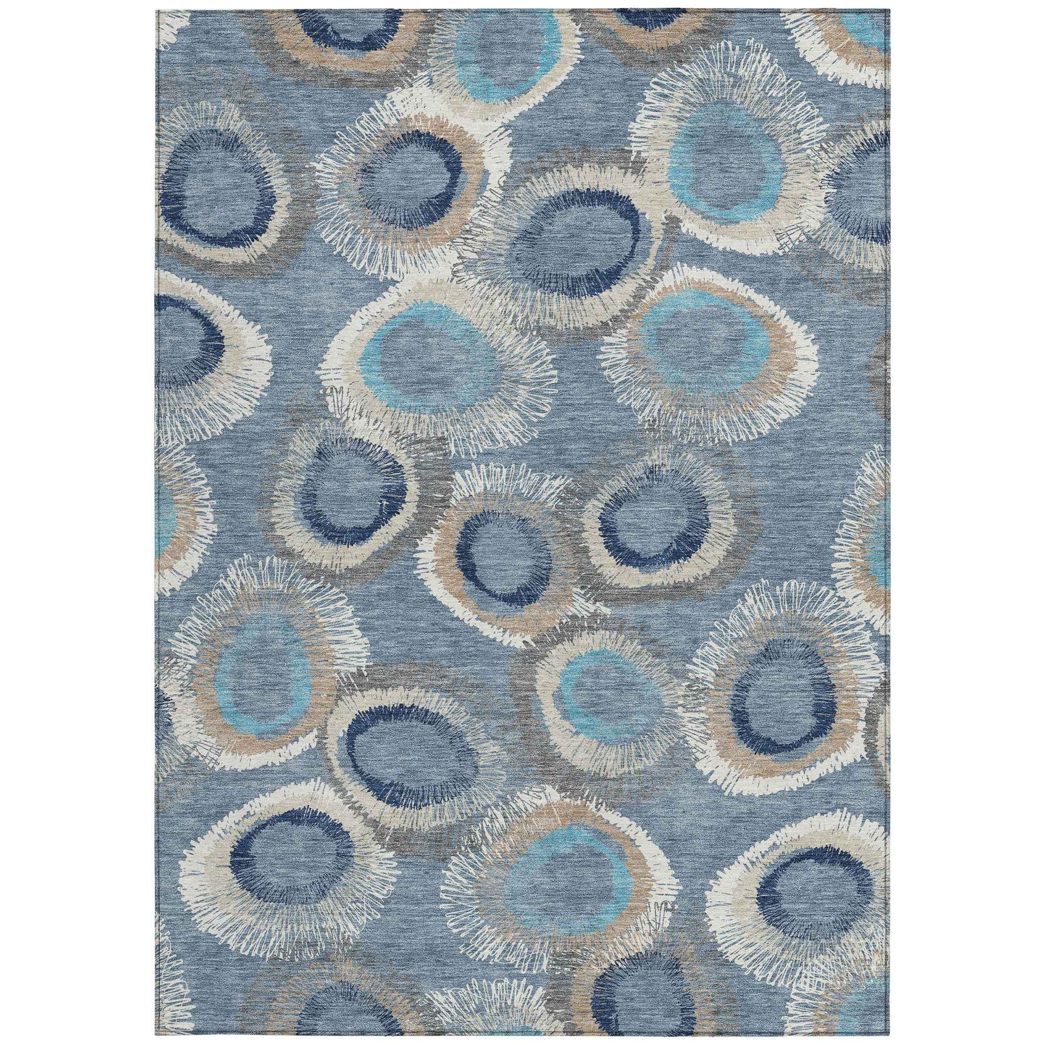3' X 5' Denim Blue Ivory And Taupe Geometric Washable Indoor Outdoor Area Rug