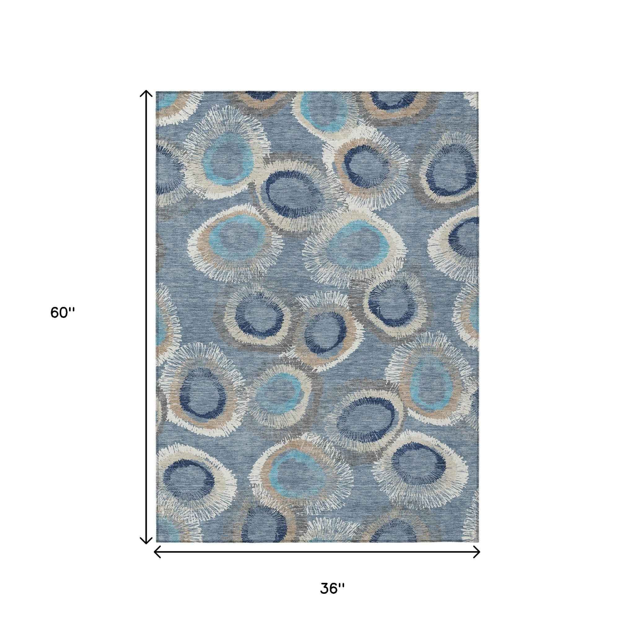 3' X 5' Denim Blue Ivory And Taupe Geometric Washable Indoor Outdoor Area Rug