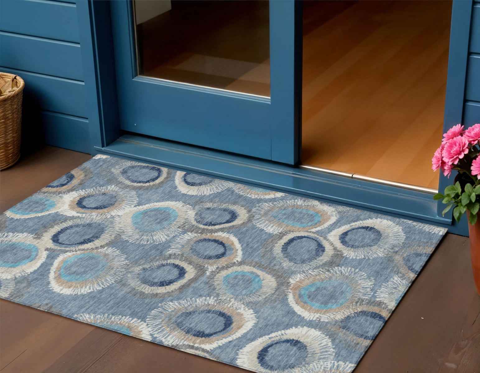 3' X 5' Denim Blue Ivory And Taupe Geometric Washable Indoor Outdoor Area Rug