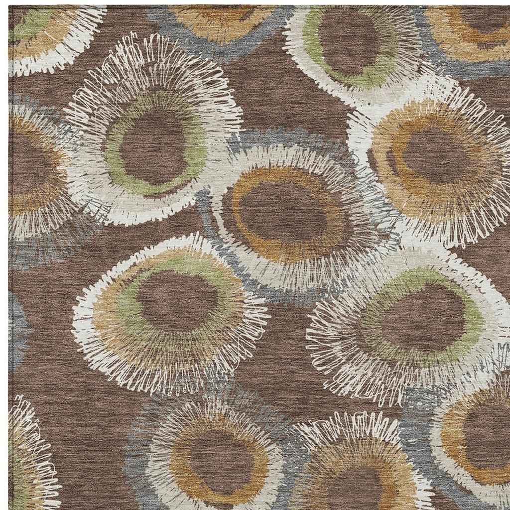 3' X 5' Brown Ivory And Green Geometric Washable Indoor Outdoor Area Rug