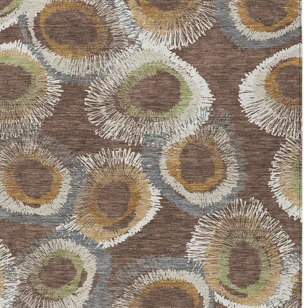 3' X 5' Brown Ivory And Green Geometric Washable Indoor Outdoor Area Rug