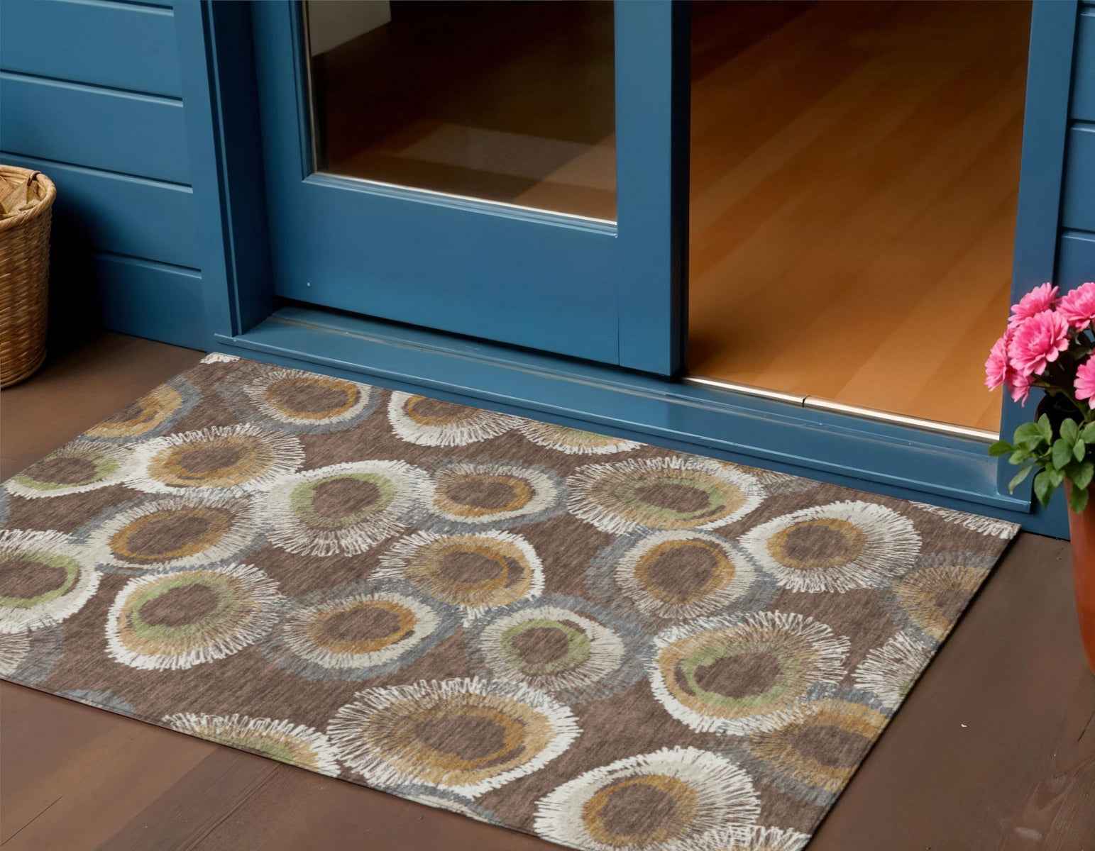 3' X 5' Brown Ivory And Green Geometric Washable Indoor Outdoor Area Rug