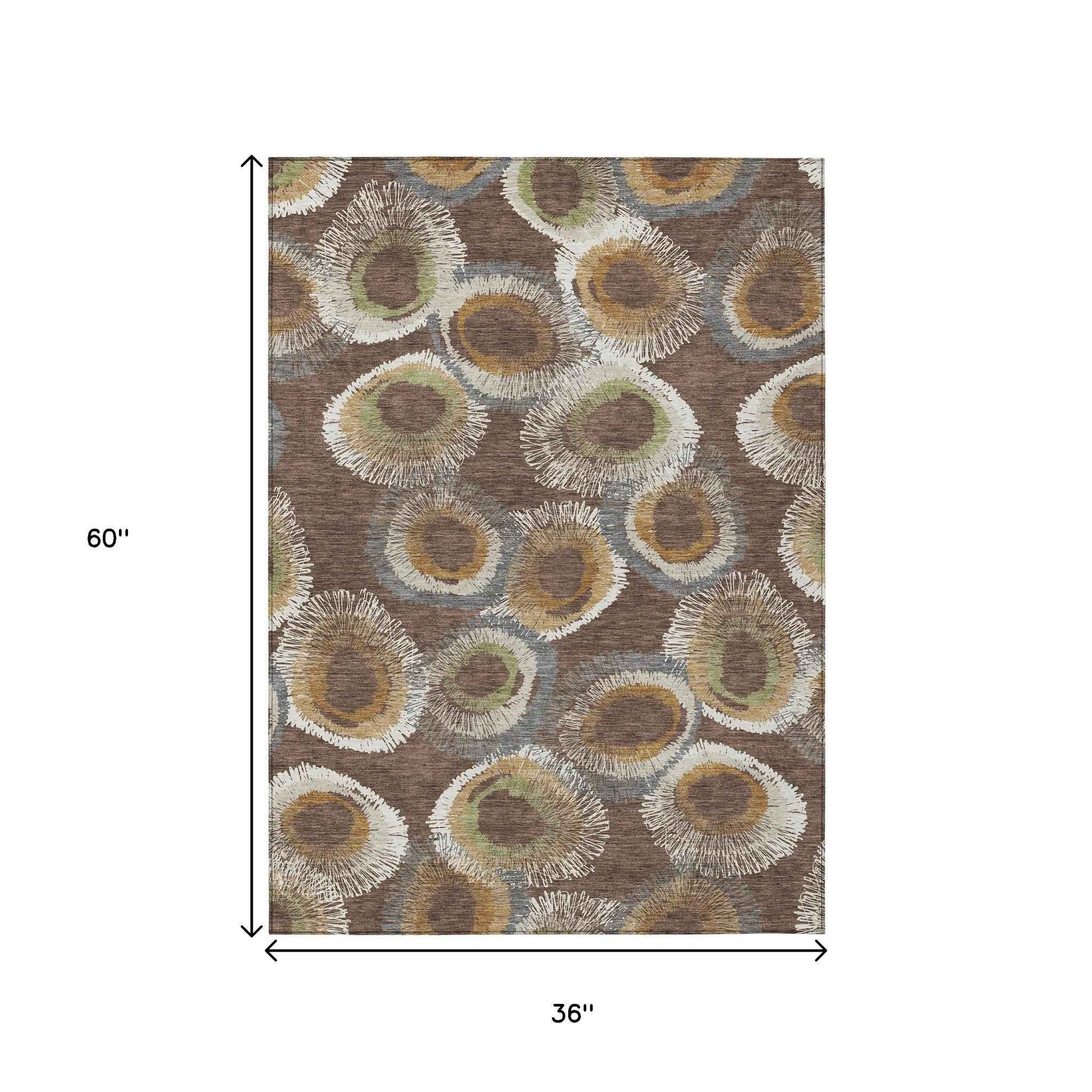 3' X 5' Brown Ivory And Green Geometric Washable Indoor Outdoor Area Rug