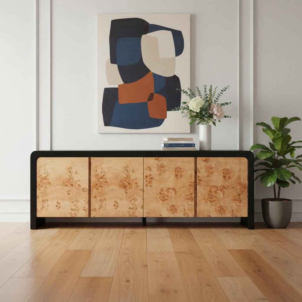 67" Black And Natural Solid Wood Sideboard with Four Doors