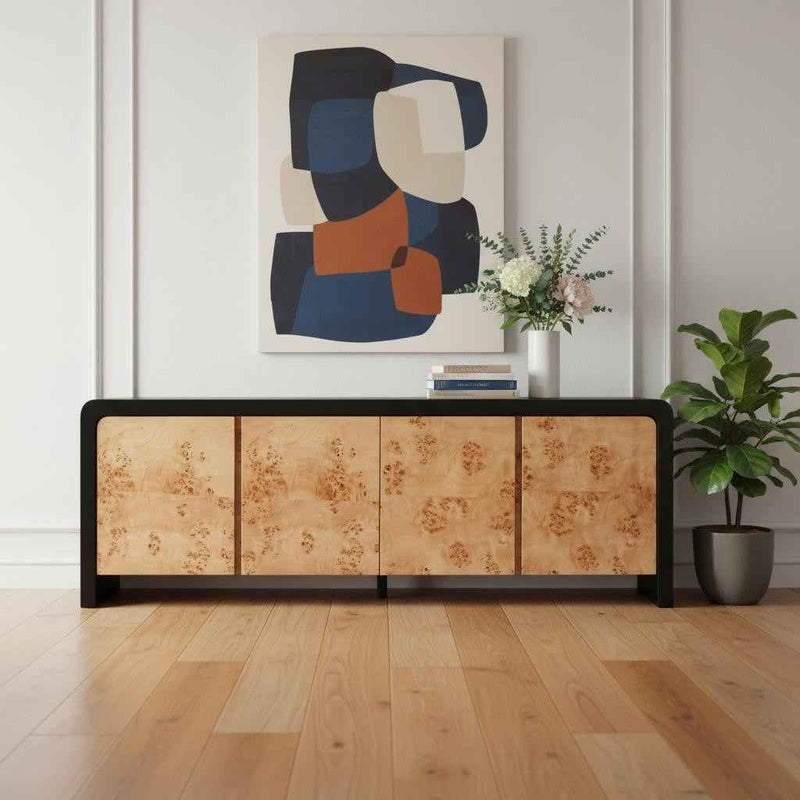 67" Black And Natural Solid Wood Sideboard with Four Doors