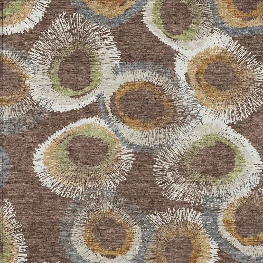 8' X 10' Brown Ivory And Green Geometric Washable Indoor Outdoor Area Rug