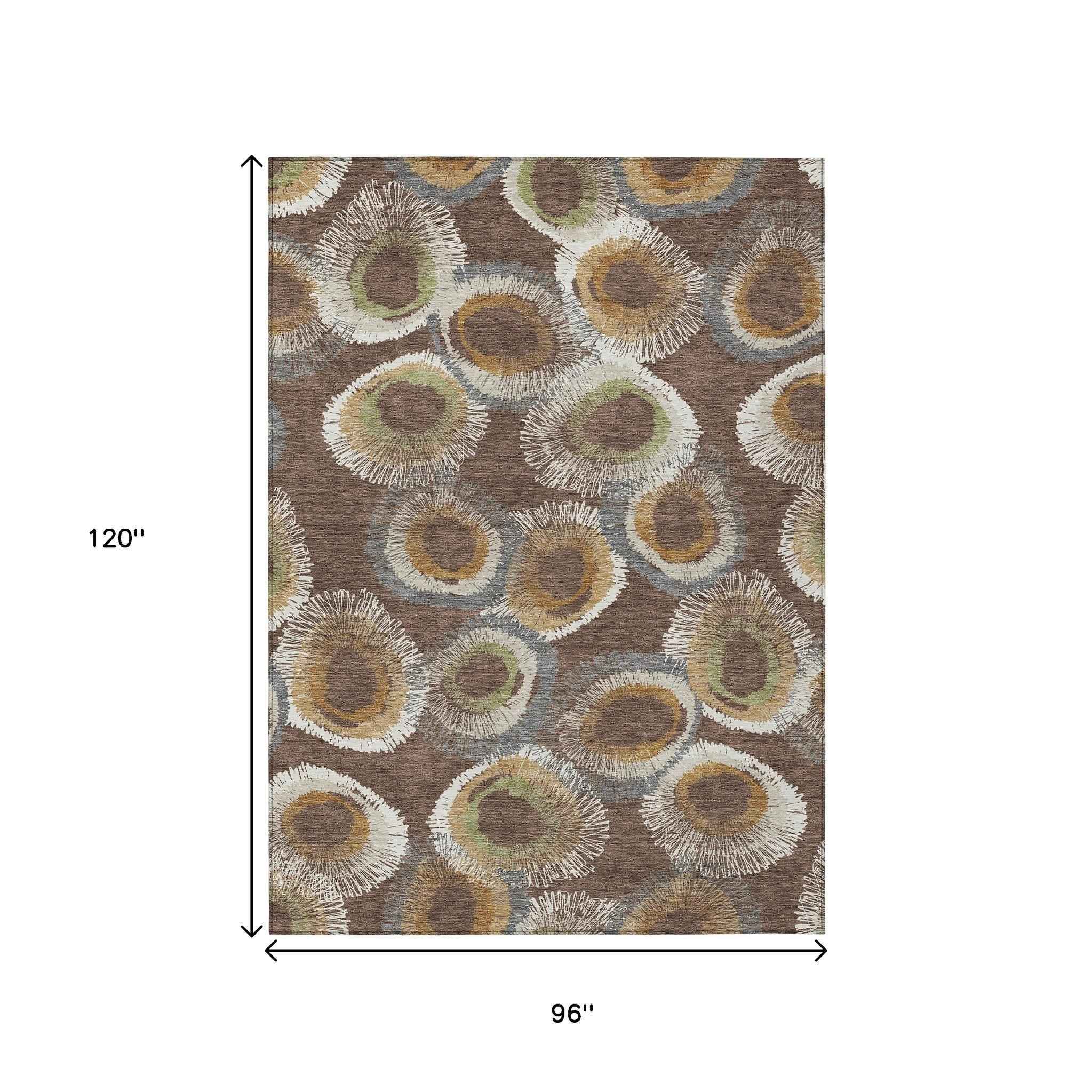 8' X 10' Brown Ivory And Green Geometric Washable Indoor Outdoor Area Rug