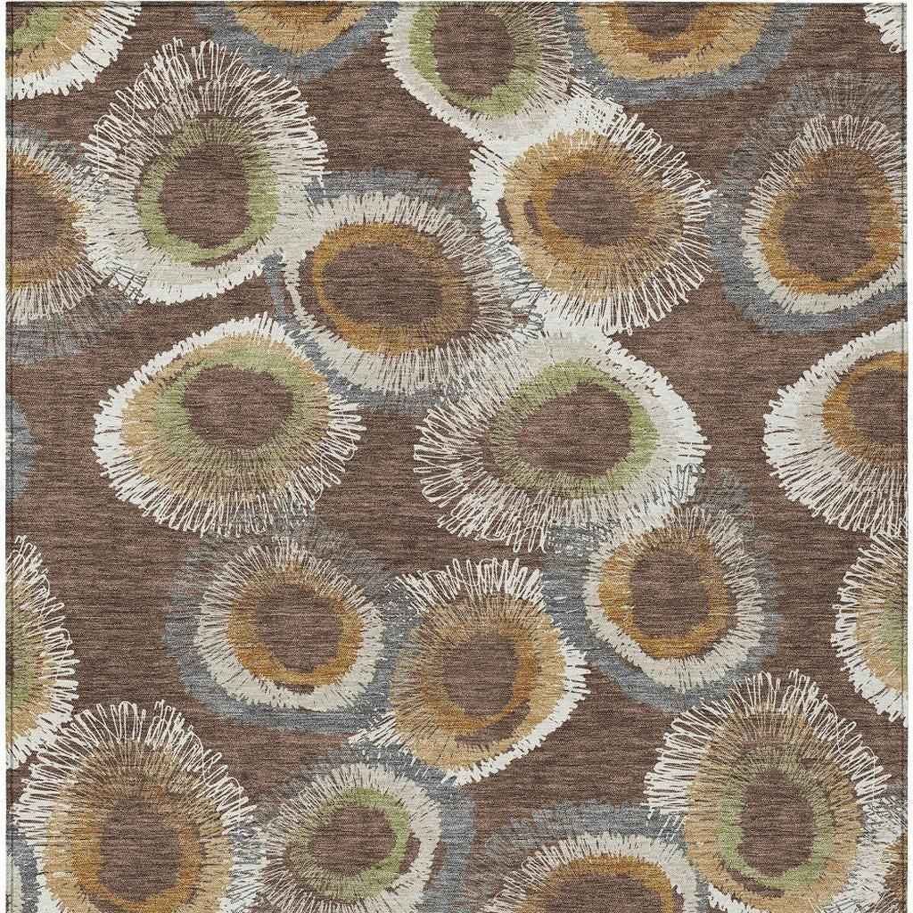 8' X 10' Brown Ivory And Green Geometric Washable Indoor Outdoor Area Rug