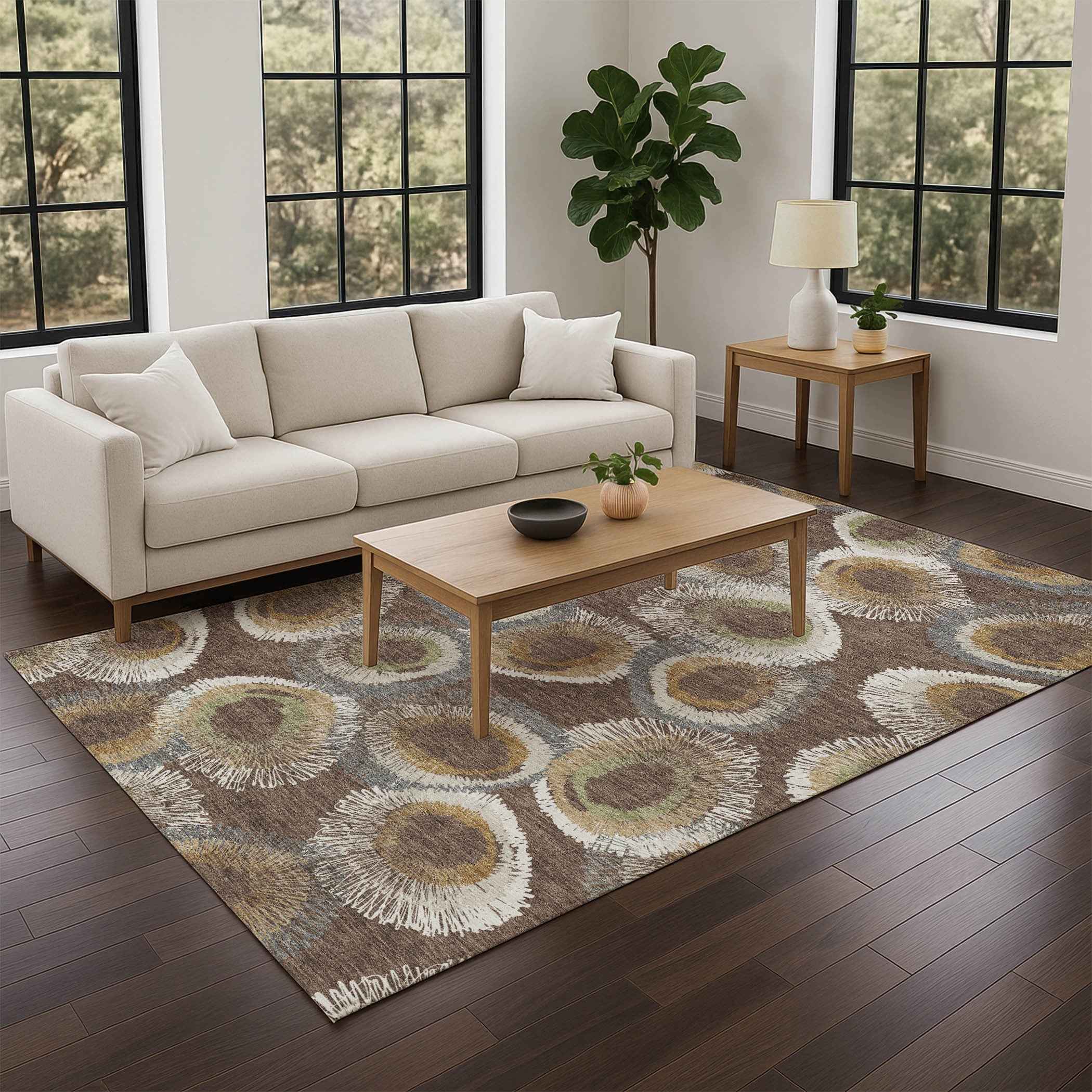 8' X 10' Brown Ivory And Green Geometric Washable Indoor Outdoor Area Rug