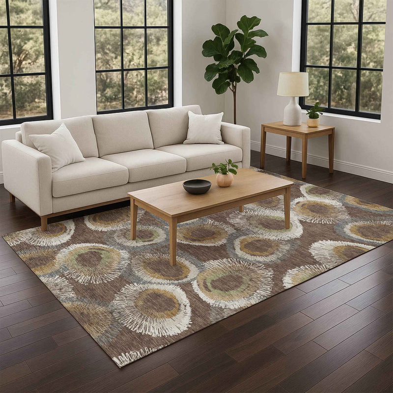 8' X 10' Brown Ivory And Green Geometric Washable Indoor Outdoor Area Rug