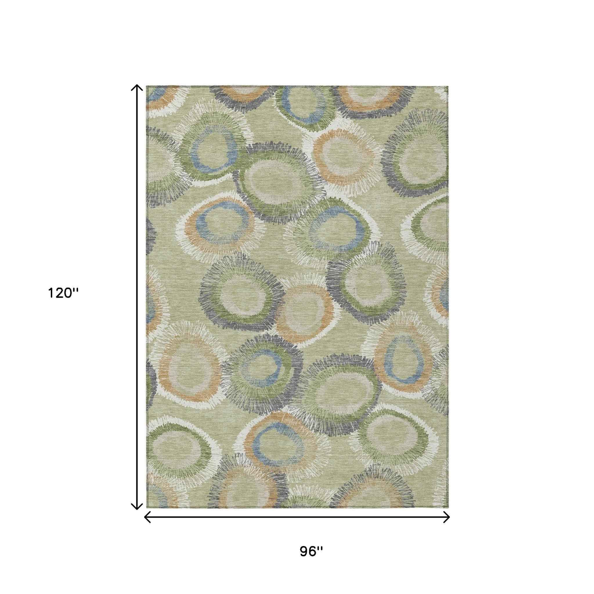 8' X 10' Artichoke Green Ivory And Copper Geometric Washable Indoor Outdoor Area Rug